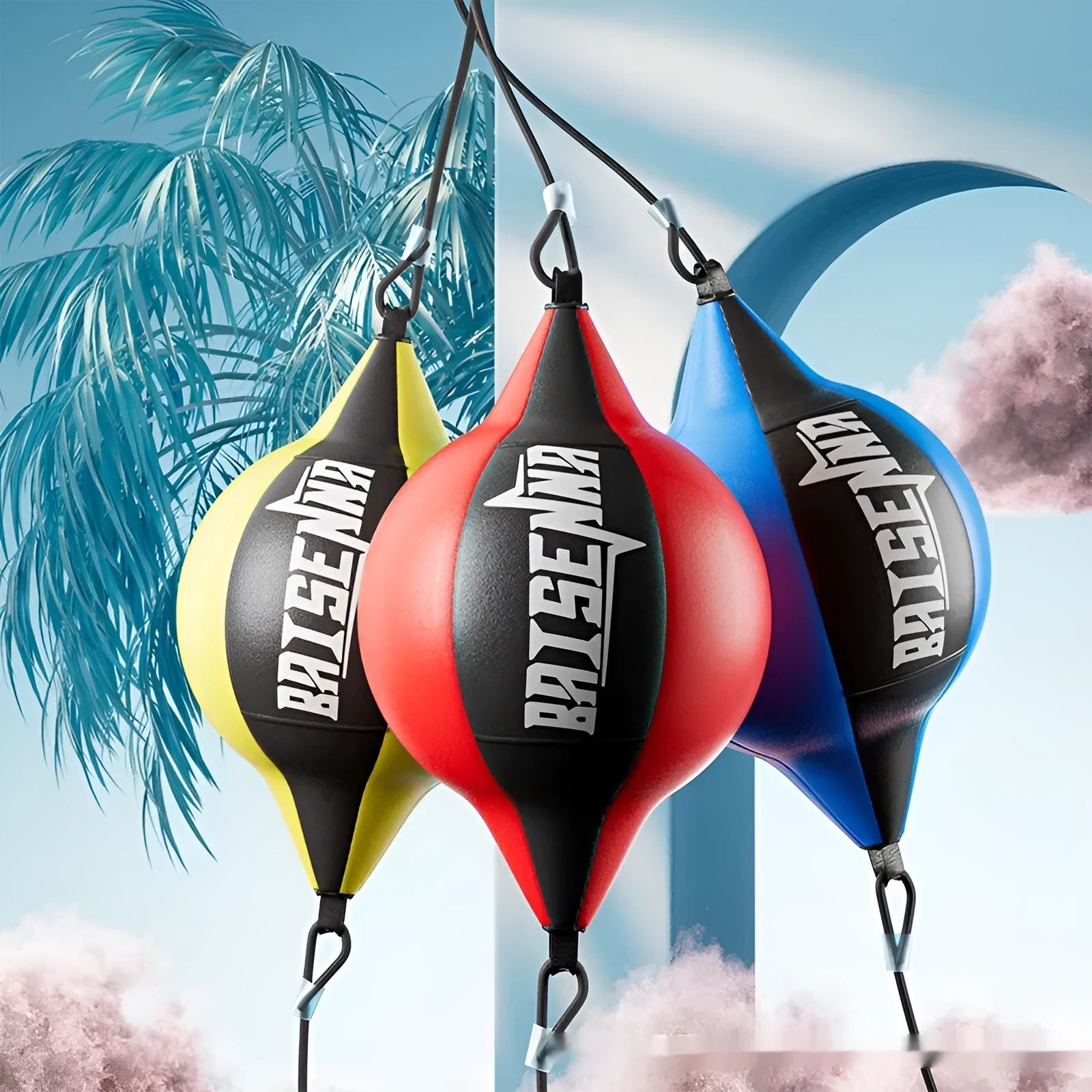 Professional boxing hanging speed ball in black and red stitching, made from PU leather.