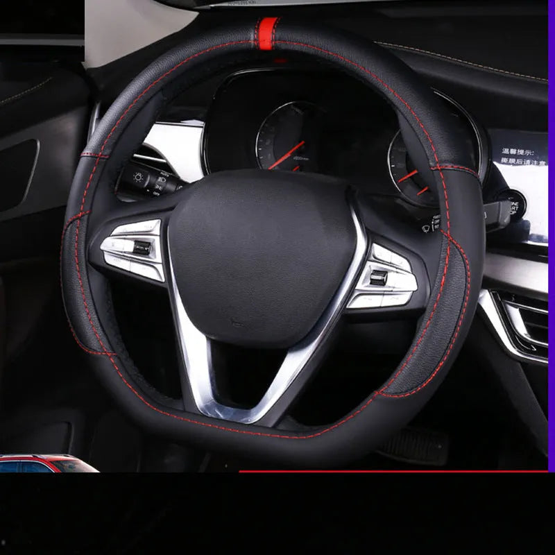 Leather steering wheel cover showing round and D-type styles in red, black, blue, and brown colours