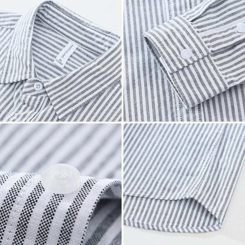 Men's loose long-sleeved vertical striped shirt in pure cotton, grey or blue and white stripes, sizes M to 3XL