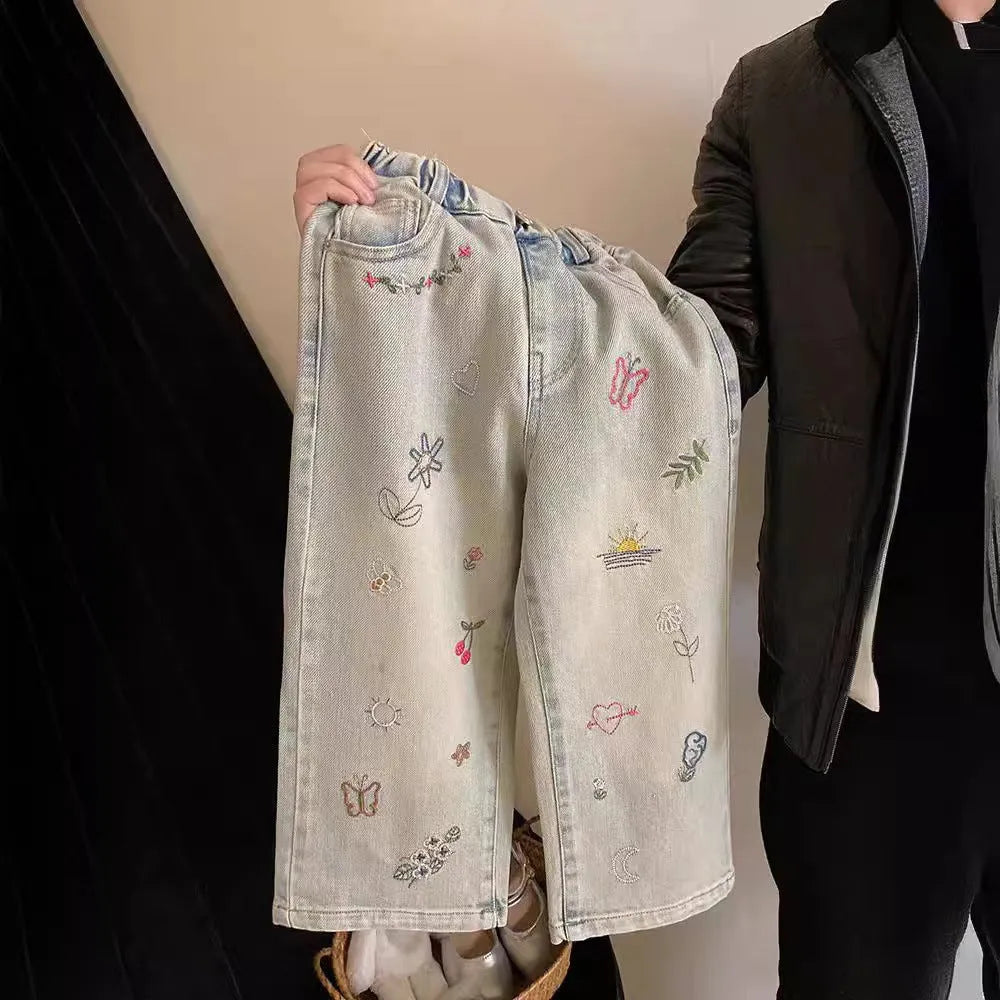 Girls fashion personalised embroidered straight jeans in cotton with cartoon pattern, picture colour, suitable for height 90cm to 140cm