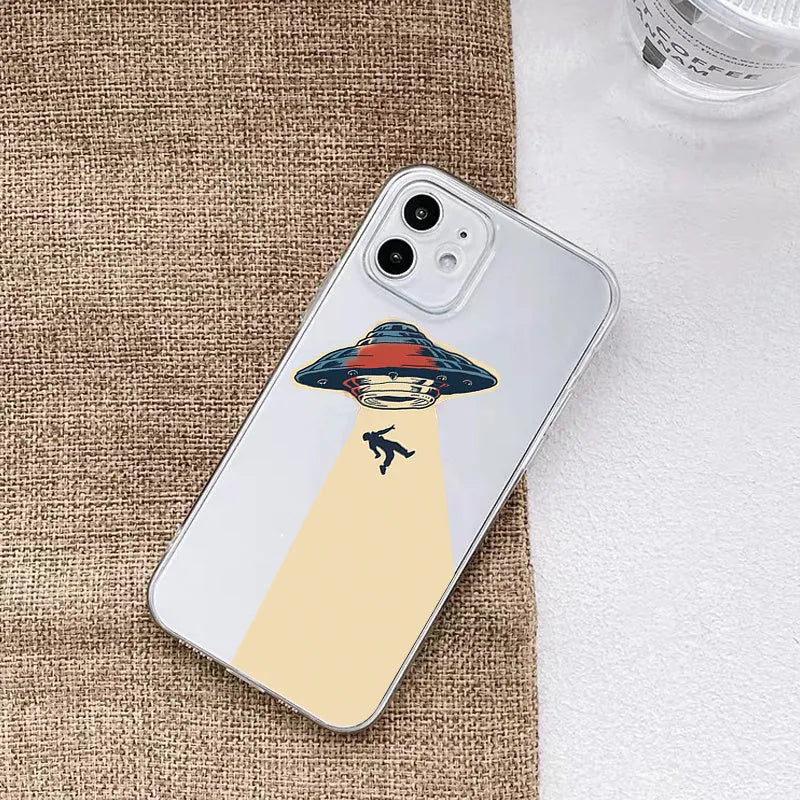 UFO astronaut transparent TPU phone case for iPhone, soft protective cover with astronaut graphic
