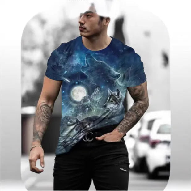 Retro 3D animal print on a men's short-sleeved light grey t-shirt, showing the pullover style and bird eye cloth texture.