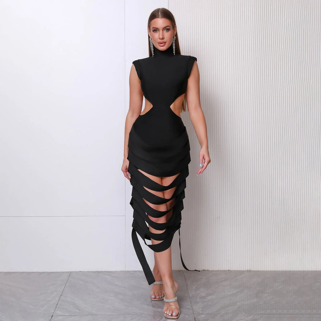 Black round neck hollow backless sleeveless mid-length dress with elastic waist, sizes XS-L
