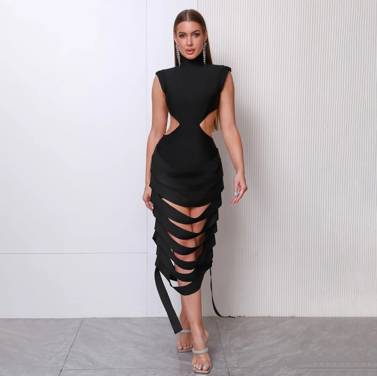 Black round neck hollow backless sleeveless mid-length dress with elastic waist, sizes XS-L
