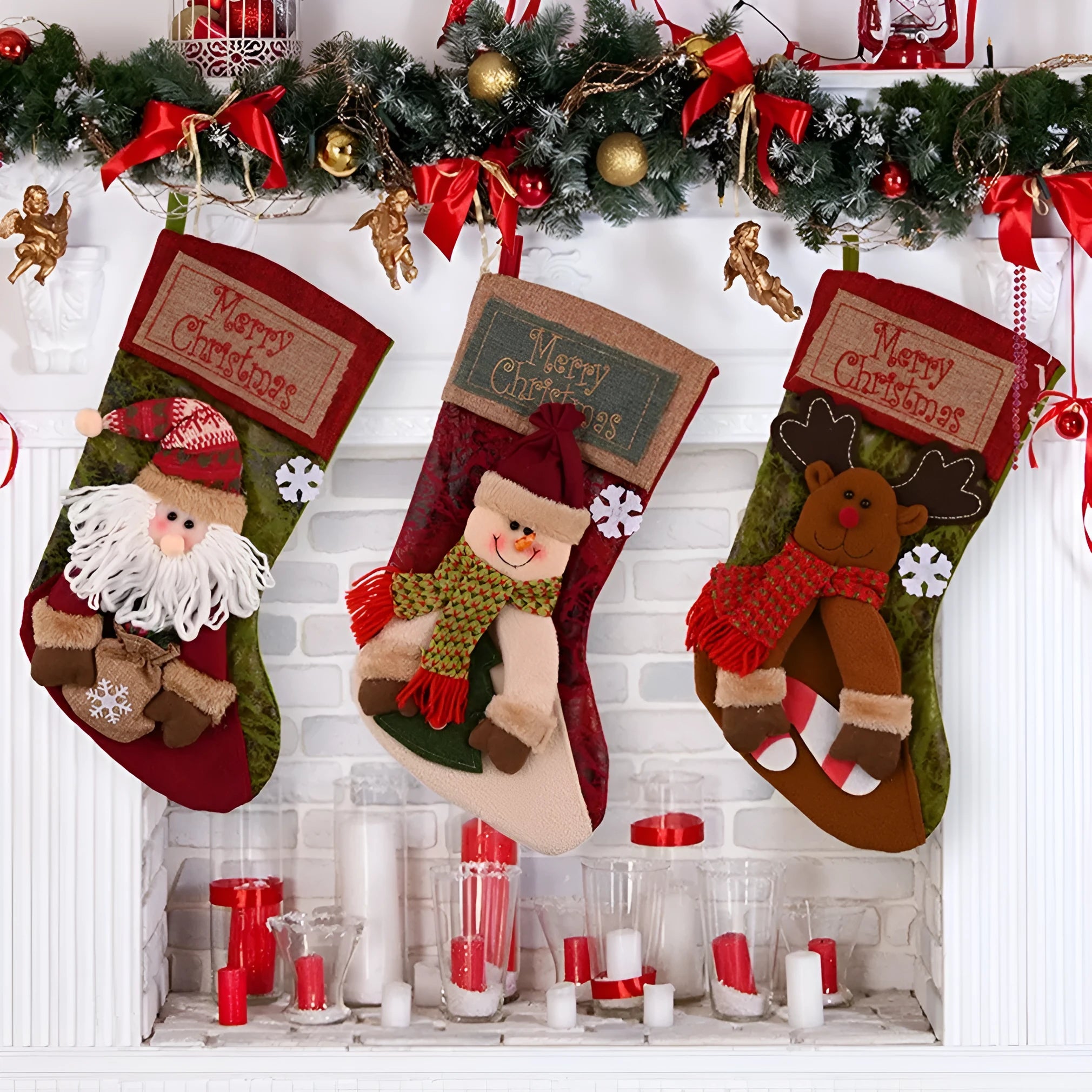 Christmas stocking with 3D Elk appliqué design in mixed colours, made from Burlap cloth with hanging loop