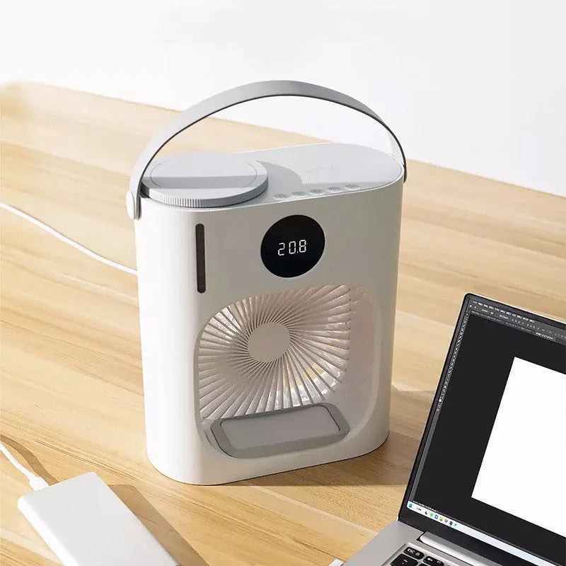 White USB refrigeration air conditioner fan with screen display and button control on a desk