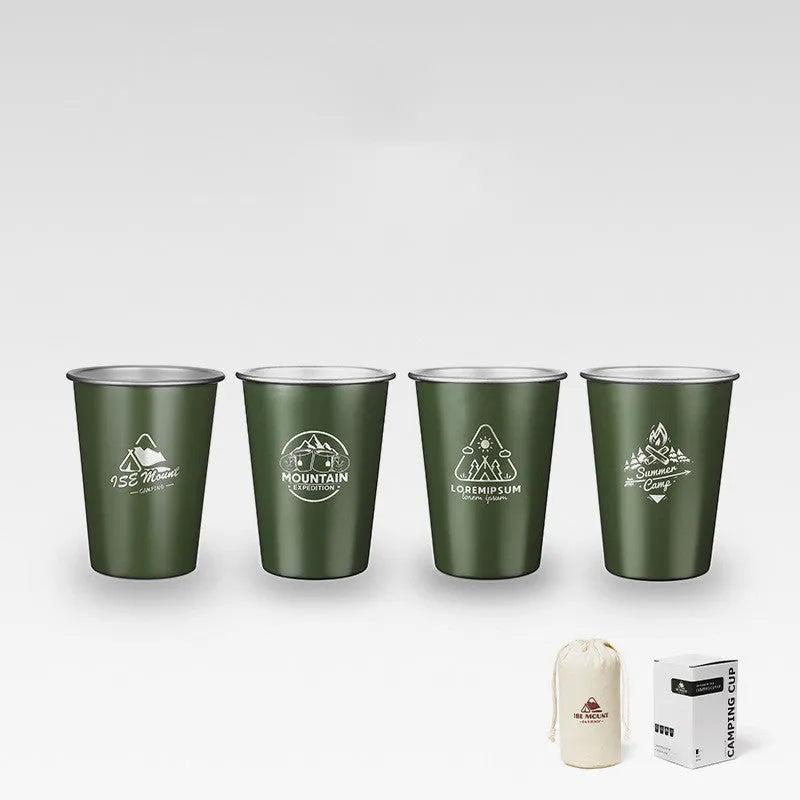 304 stainless steel camping cup set with four 350ml cups in Army Green, Black, or White