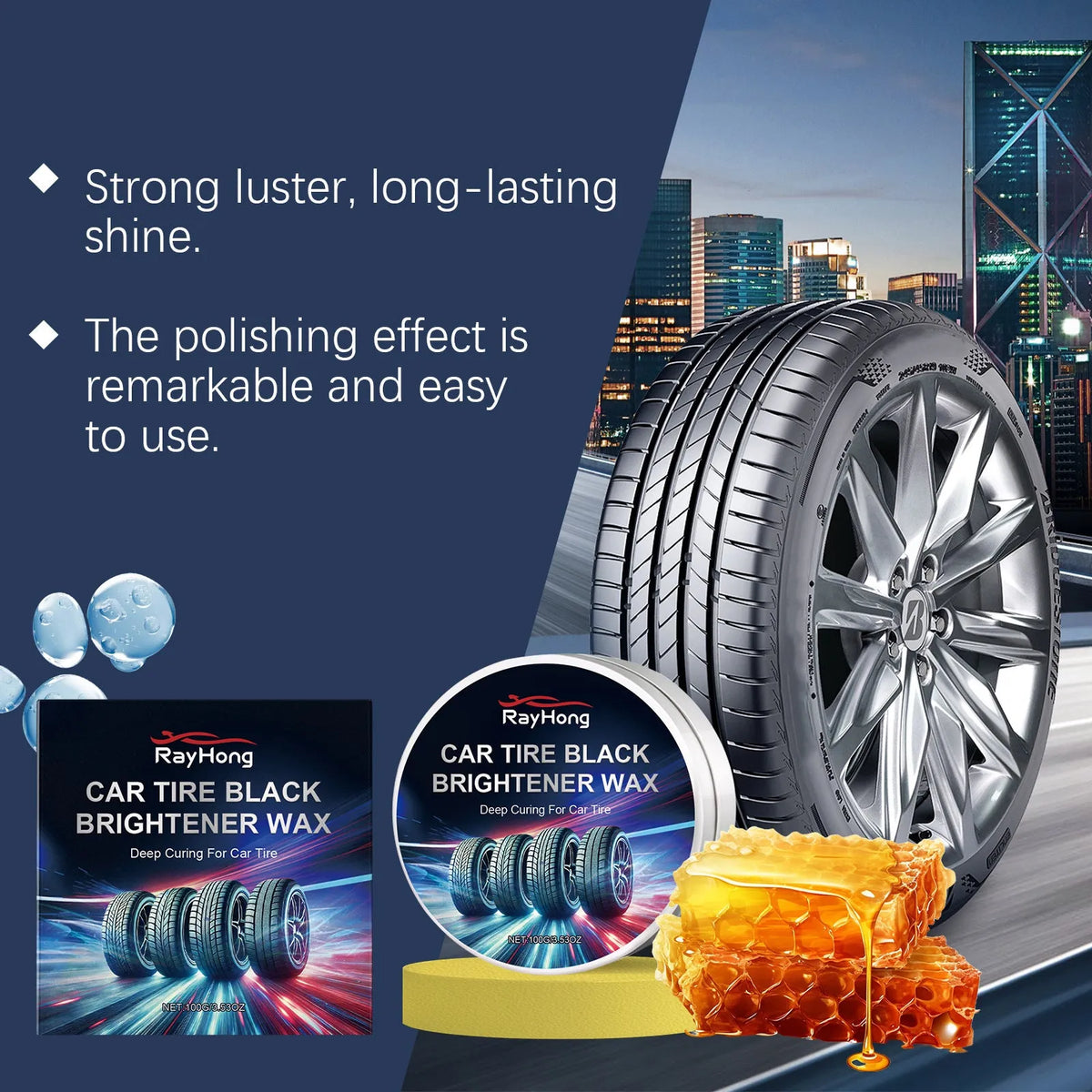 Car tyre polishing paster with beeswax and silicone oil in 100g block, plus sponge applicator for tyre restoration