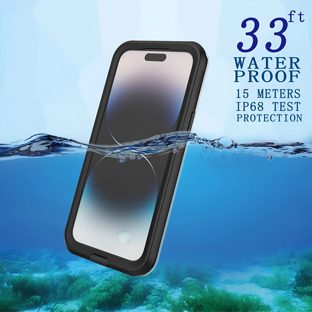 Black waterproof magnetic suction protective iPhone case for iPhone 15 Pro Max shown on a phone with a frosted finish.