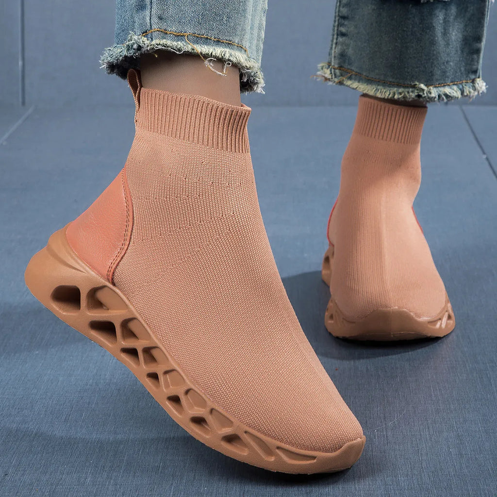 Women's casual mesh slip-on shoes in terracotta colour with round toe and flat sole