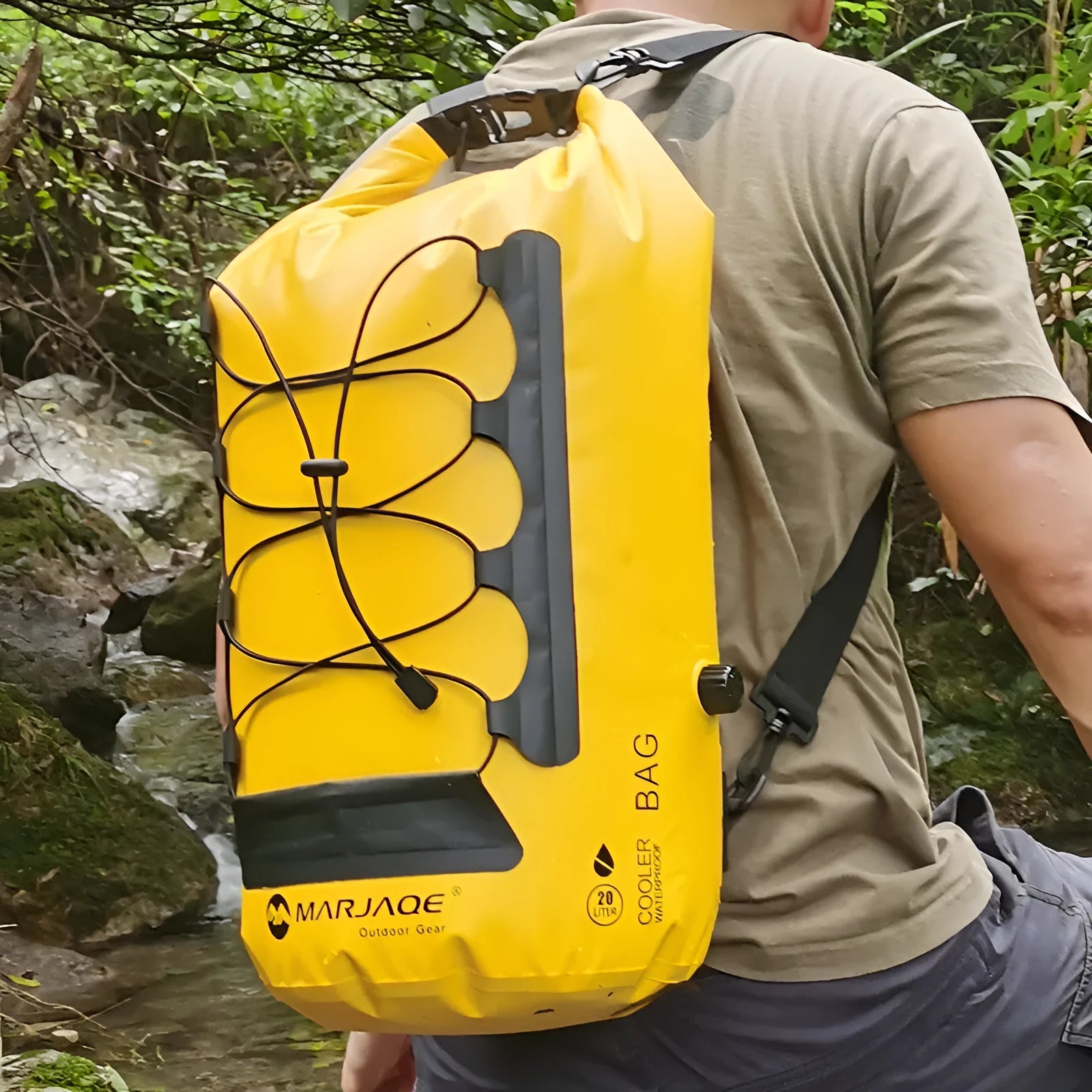 Yellow and black 20L waterproof PVC backpack with dry-wet separation compartments for outdoor activities