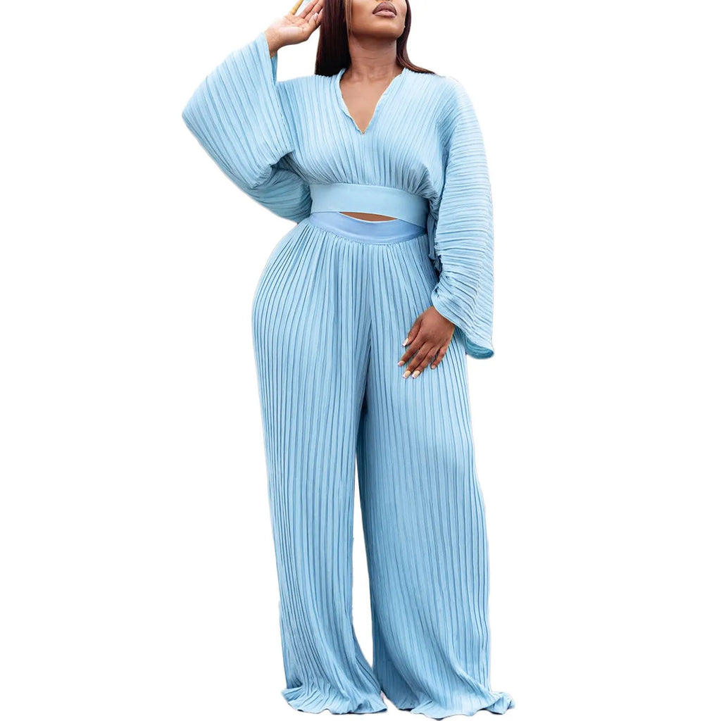 African suit set with batwing sleeve top and wide leg trousers in sapphire blue