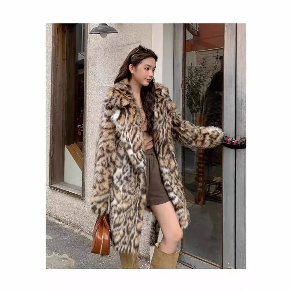 A long faux fur coat in street fashion style with a fur collar and pockets.