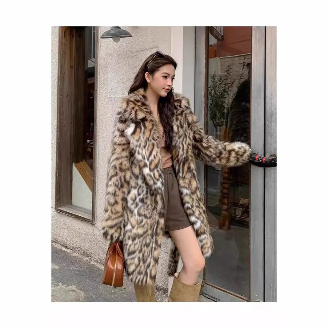 A long faux fur coat in street fashion style with a fur collar and pockets.