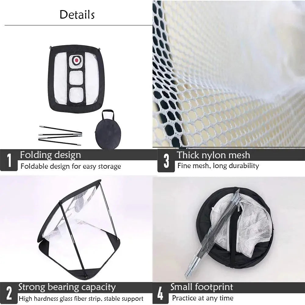 Black foldable golf chipping net with ball collection system, 67x86.5cm, 210D polyester pop-up design