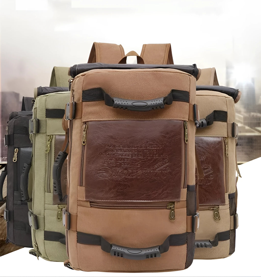 Canvas backpack with square vertical section and side pocket in khaki