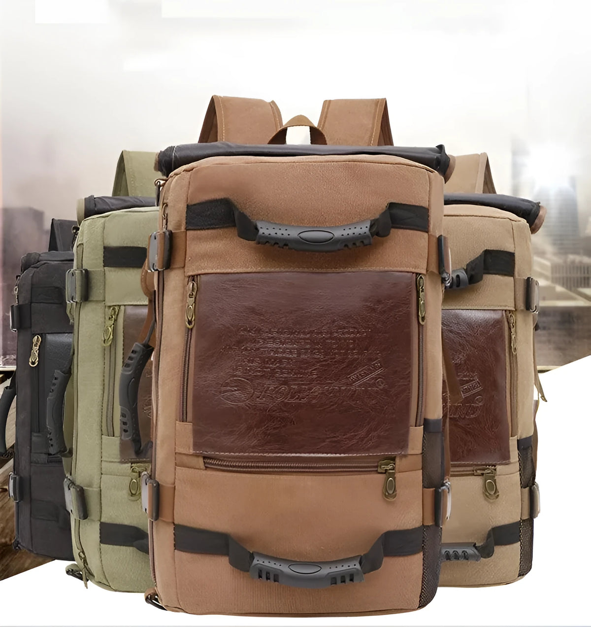 Canvas backpack with square vertical section and side pocket in khaki