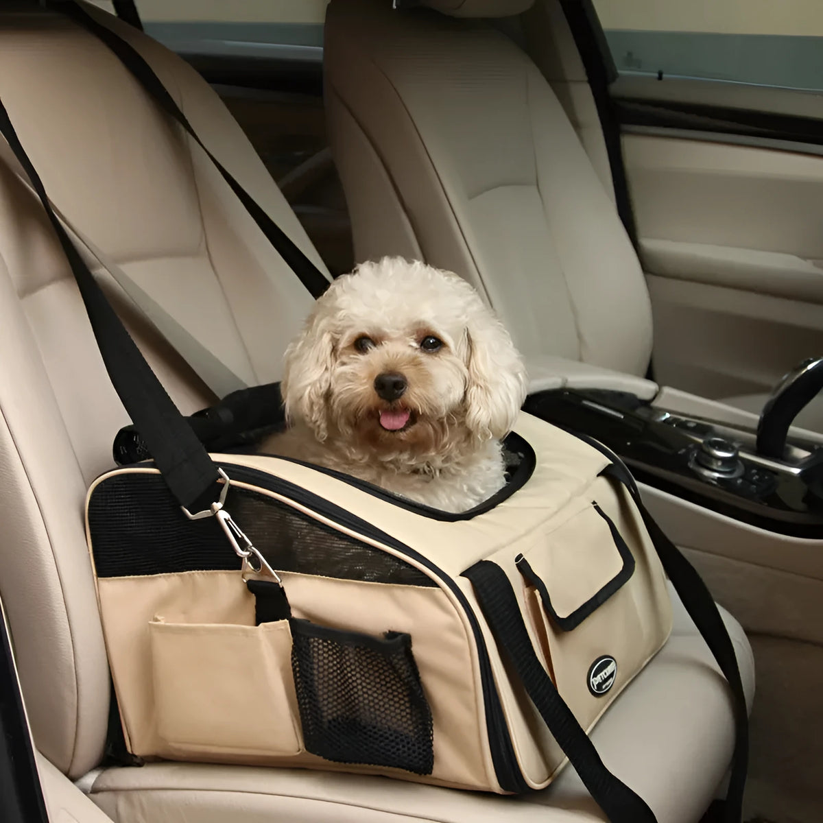 Beige Oxford fabric crossbody pet bag for dogs and cats, portable car carrier with strap