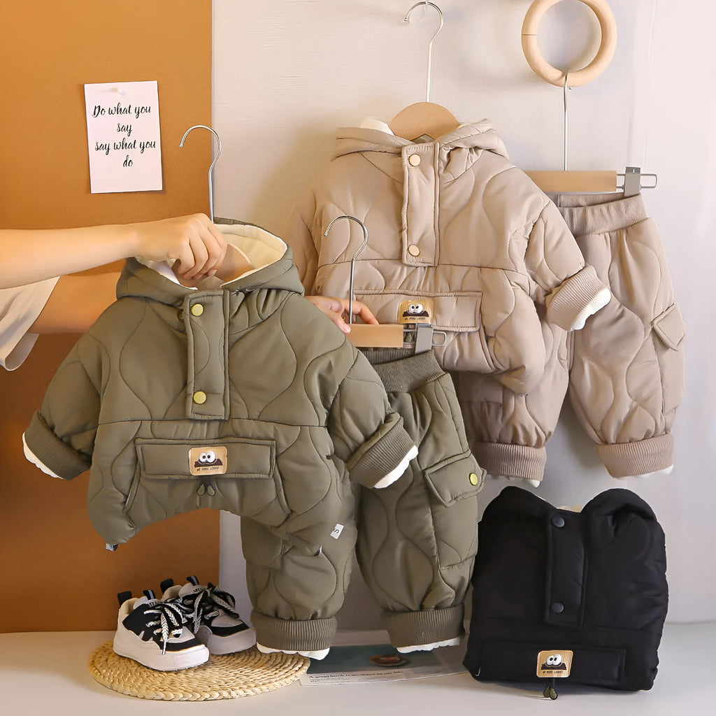 Children's fleece-lined winter suit set with cotton top and trousers in army green, black, or light khaki