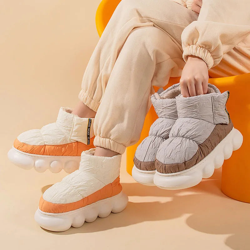 Unisex winter ankle shoes with down cloth upper and EVA sole, flat heel, round toe, in sizes 36-45