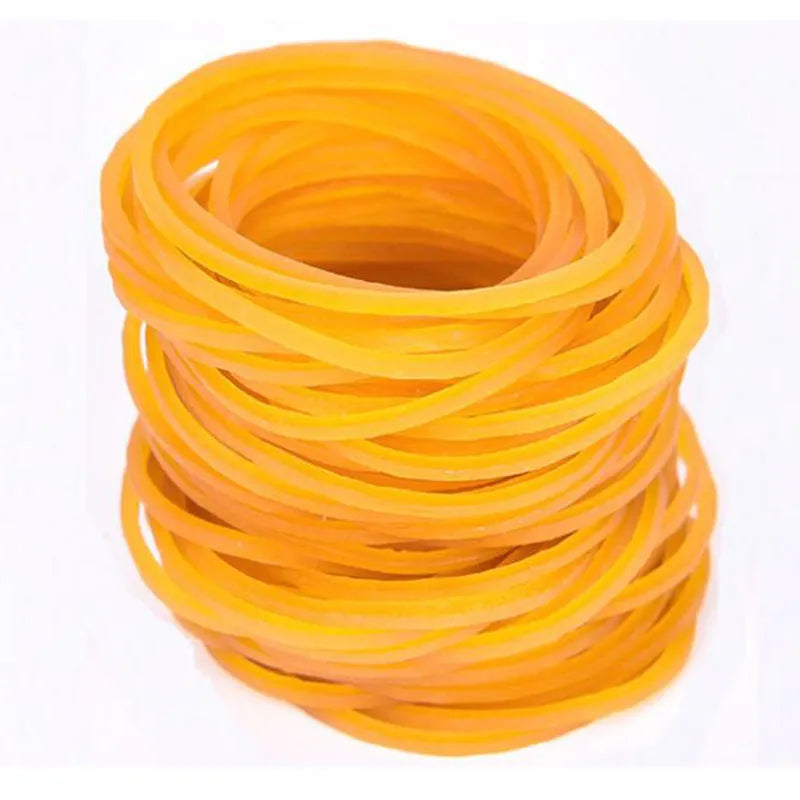 500g pack of yellow rubber bands showing multiple diameters from 16mm to 70mm