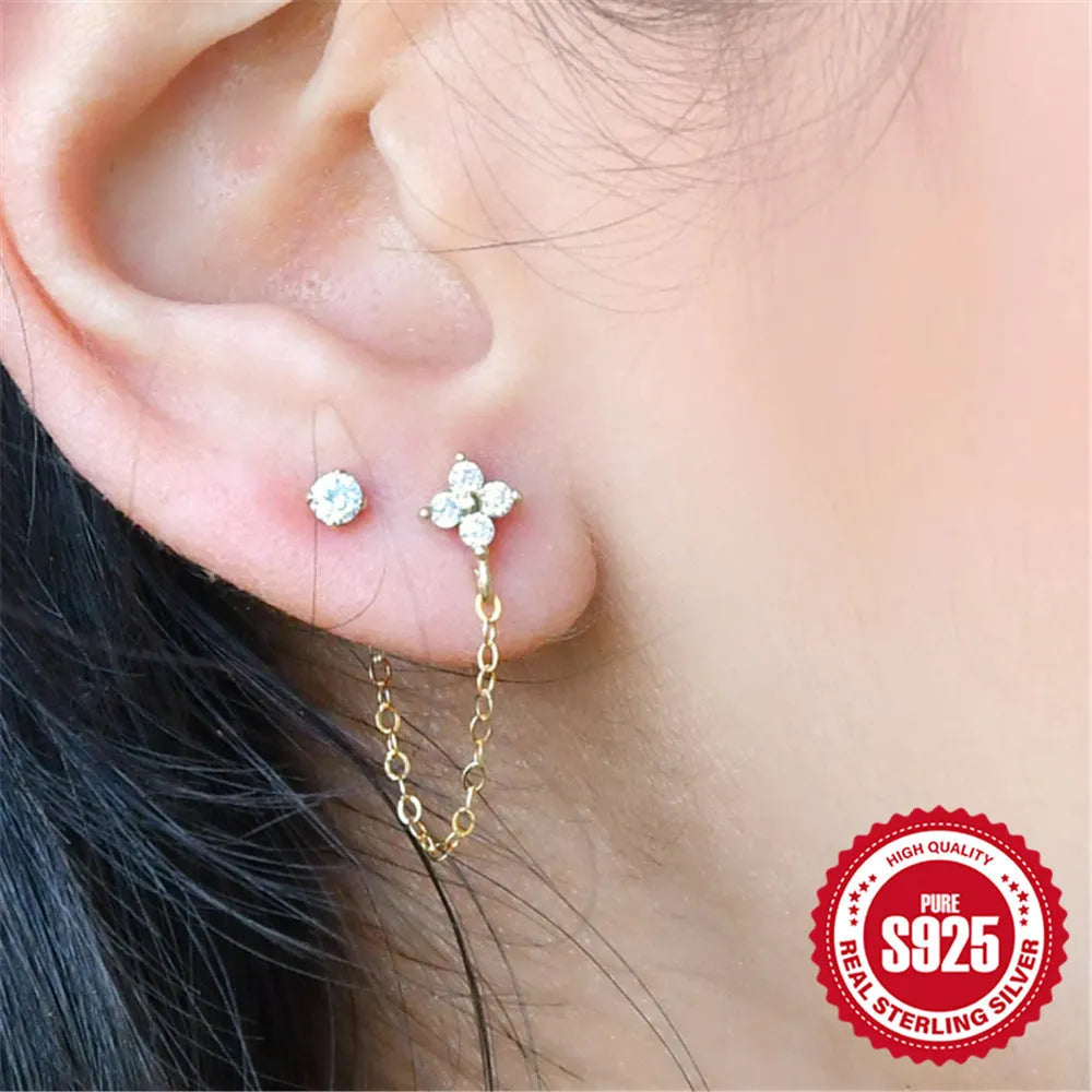 S925 sterling silver ear clip stud earrings with flower, tassel, and chain design in golden colour