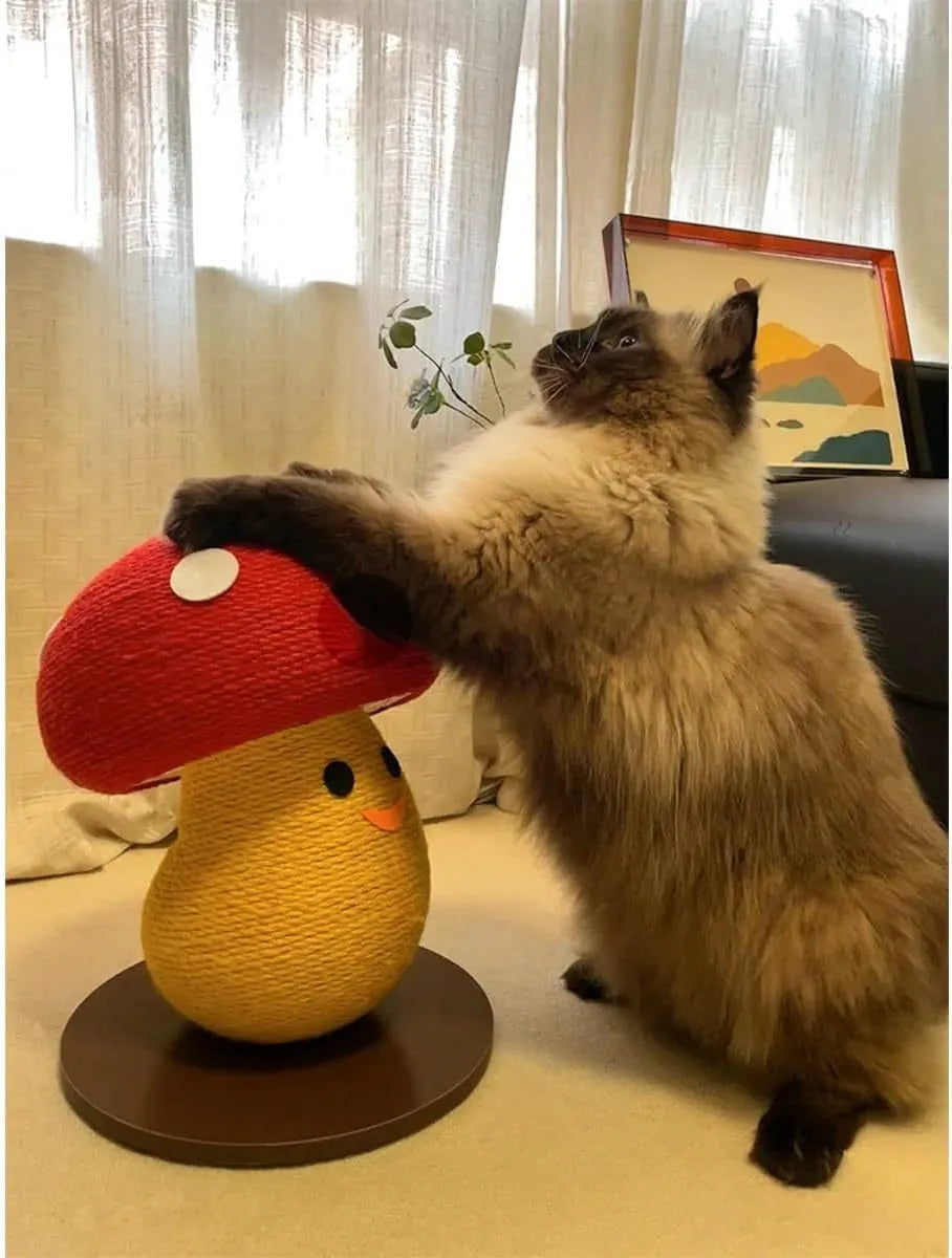 Round mushroom-shaped cardboard cat scratcher with foldable accordion design on floor