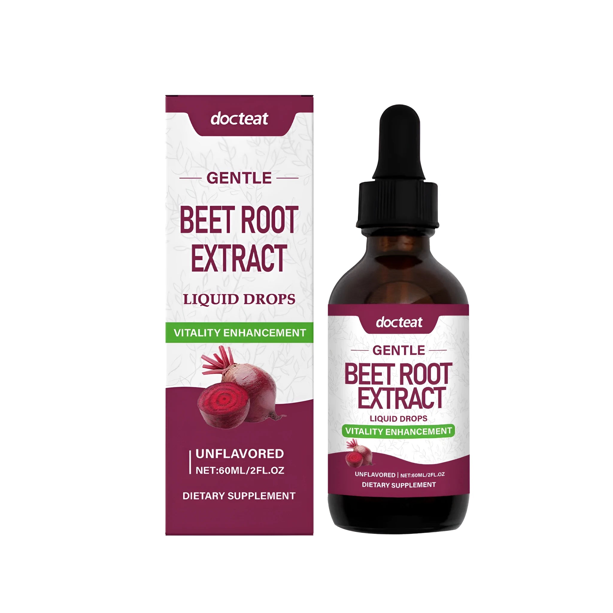 60ml bottle of beetroot dietary supplement drops with glycerin and maltitol.