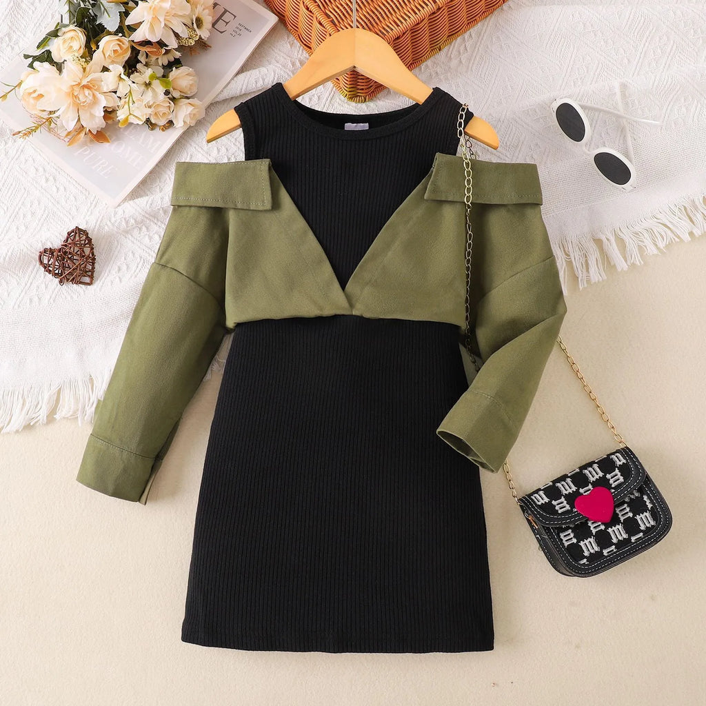 Children's off-shoulder long sleeve dress in military green, cotton pullover, sizes 4Y-7Y