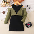 Children's off-shoulder long sleeve dress in military green, cotton pullover, sizes 4Y-7Y
