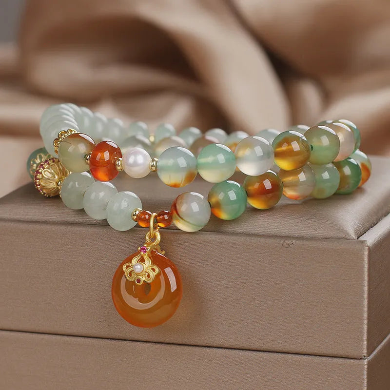 Crystal double ring bracelet in peacock green agate with pearls rhinestones and sequins for women