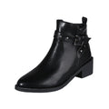 Retro chunky heel studded buckle pointed toe Martin boots in faux leather, black colour, block heel, rubber sole.