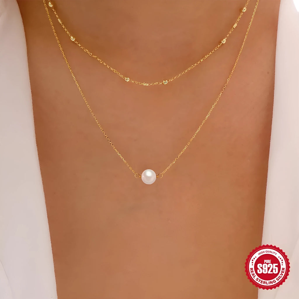S925 sterling silver double layer necklace with twin pearl pendant in geometric design