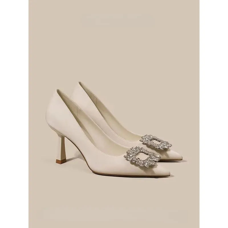Women's French pointed stiletto high heels in creamy-white or black, low-top formal pumps with 3-5cm heel