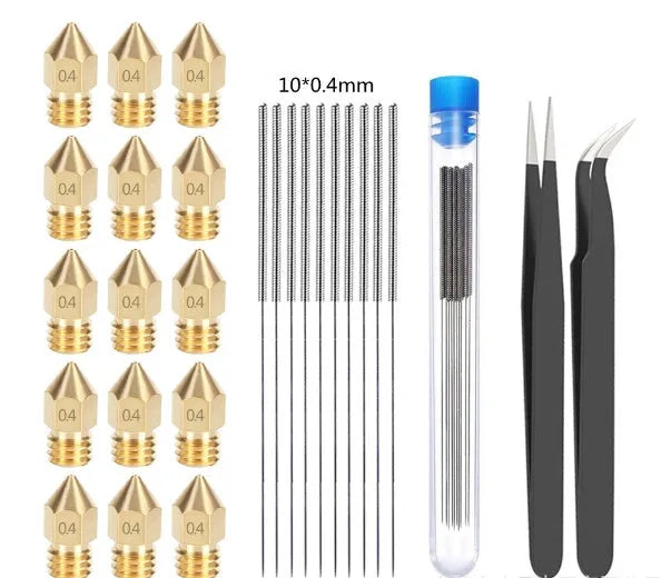 MK8 brass 3D printer nozzles and stainless steel cleaning pin kit with M6 thread