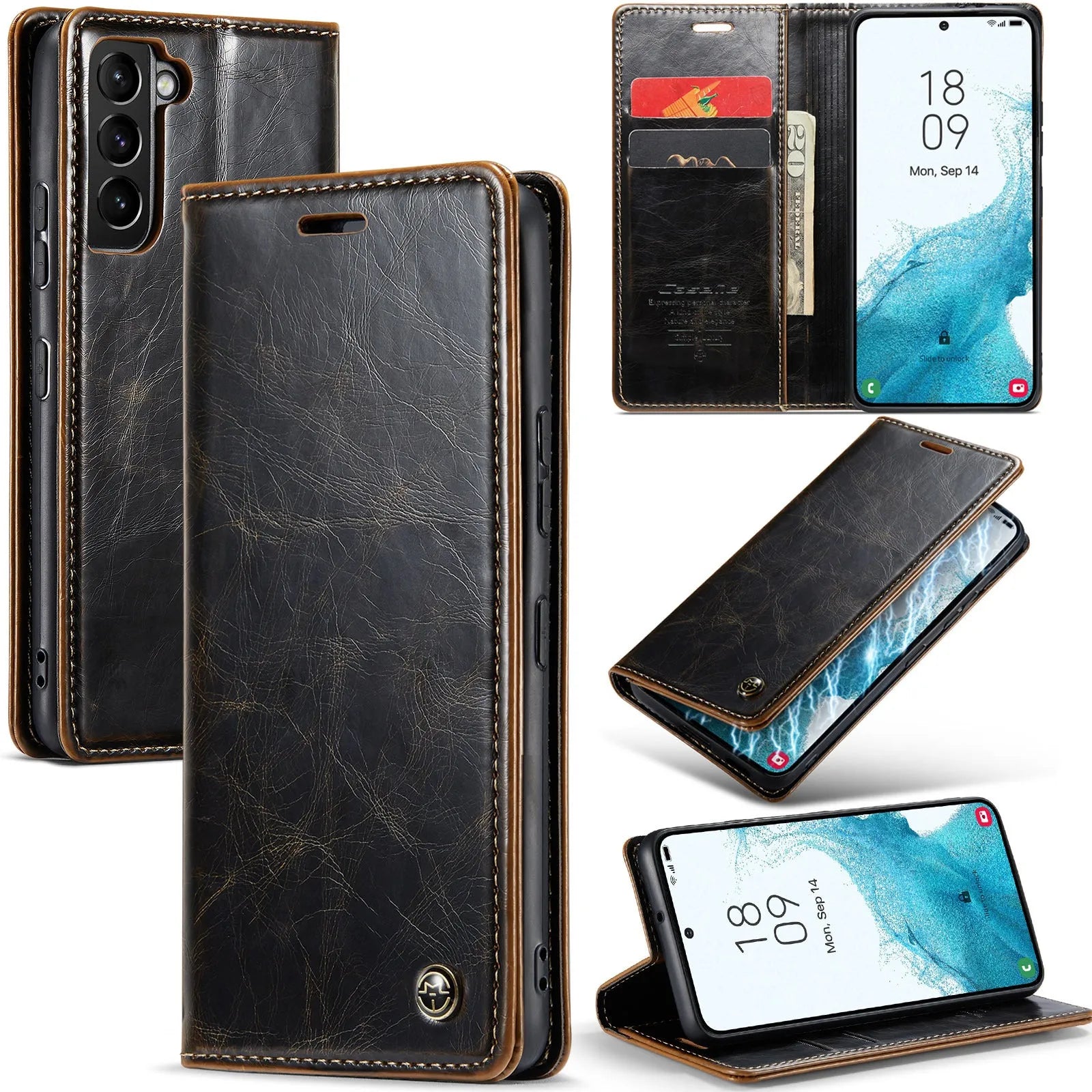 Samsung A55 black PC leather card flip phone case with magnetic closure and stand