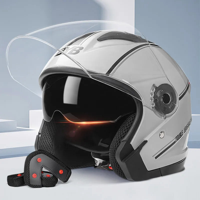 Simple electric bicycle double lens helmet in cement grey, ABS half shell, anti-fog visor, compact 26x23x22cm size