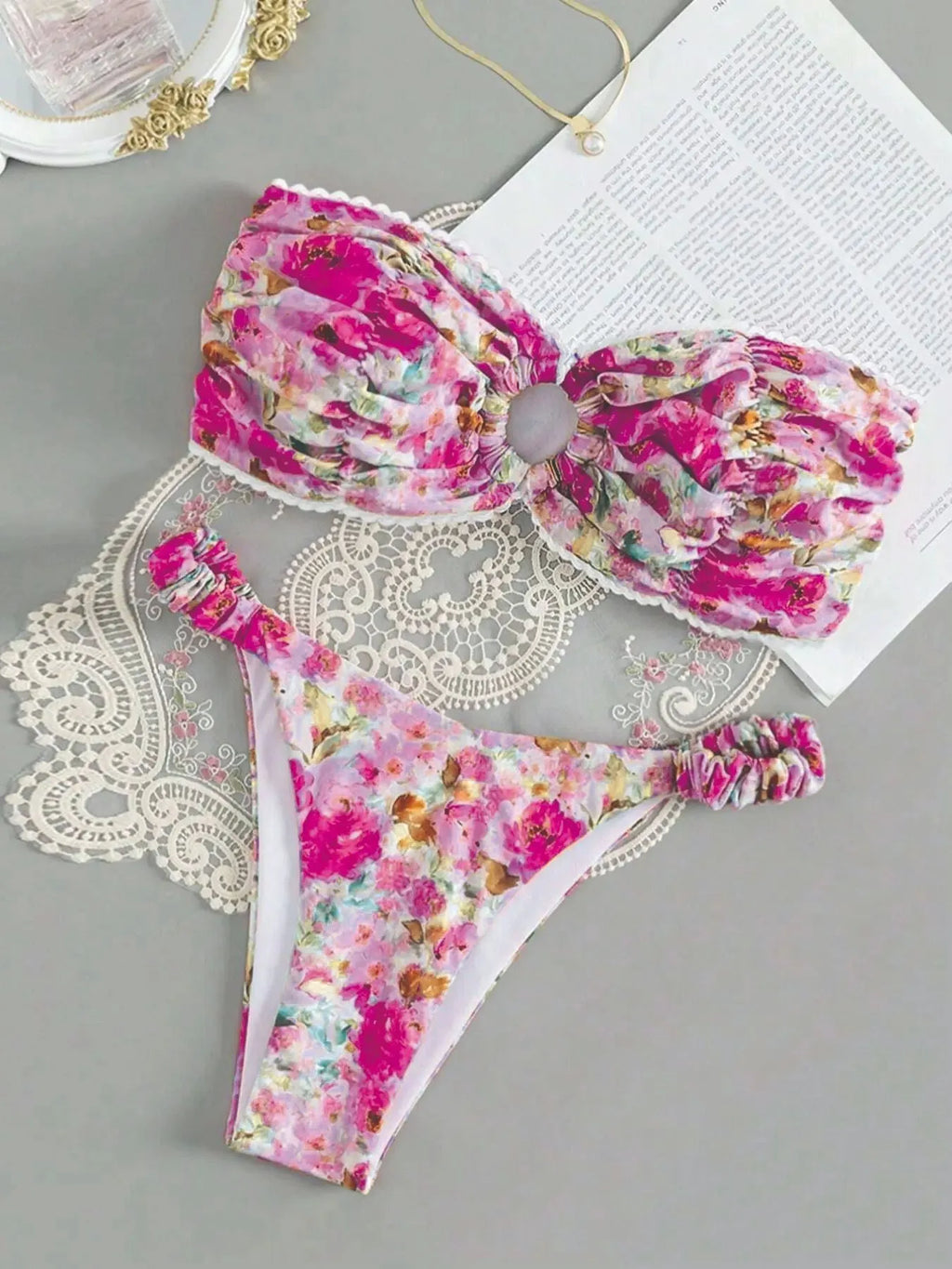 Women's lace print bikini set in blue, pink, yellow, or multicolour floral patterns, sizes S M L.