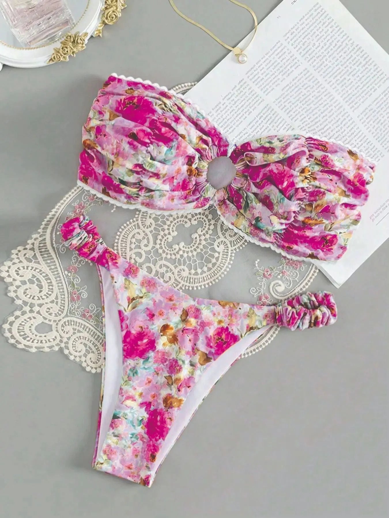 Women's lace print bikini set in blue, pink, yellow, or multicolour floral patterns, sizes S M L.
