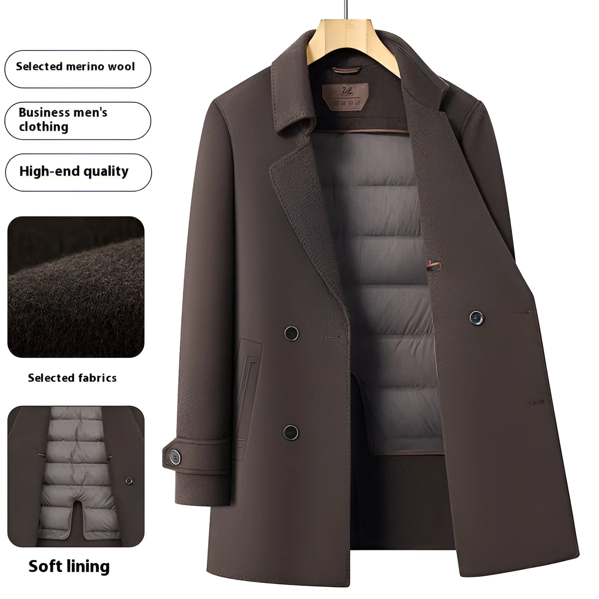 Men's mid-length double-sided wool overcoat with suit collar, rabbit fur, side seam pockets, brown dark grey black