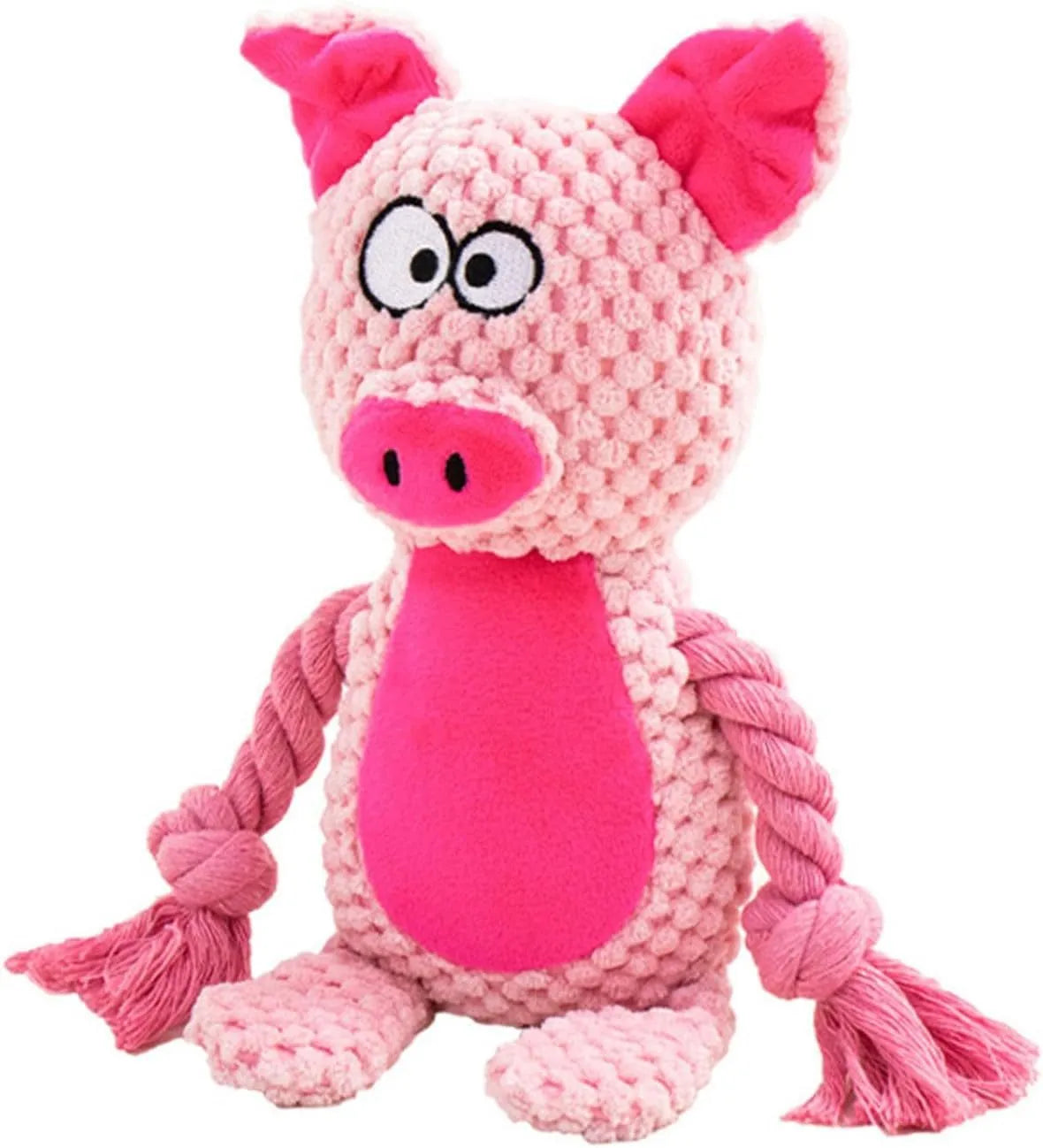 Plush animal dog toy with crinkle paper, squeaker, and cotton rope handles for small dogs.