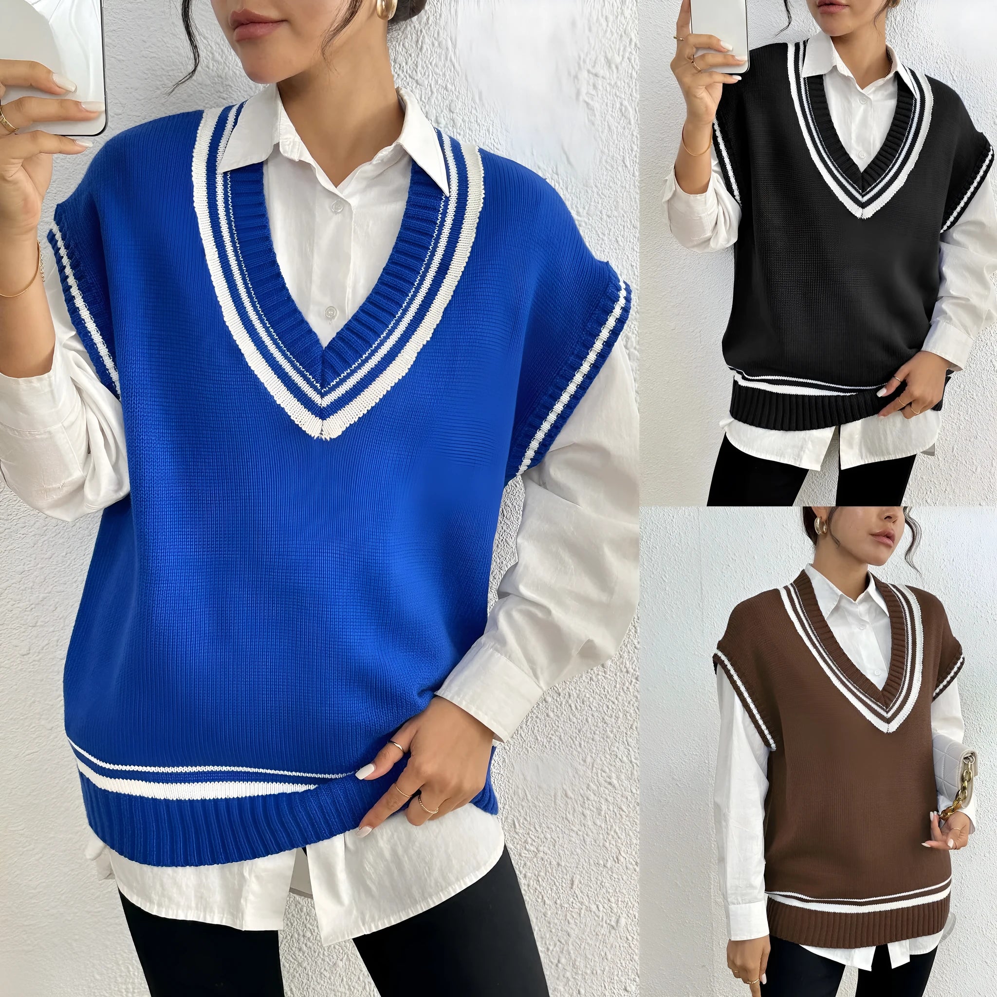 Women's casual vest sweater in college style with loose fit pullover design