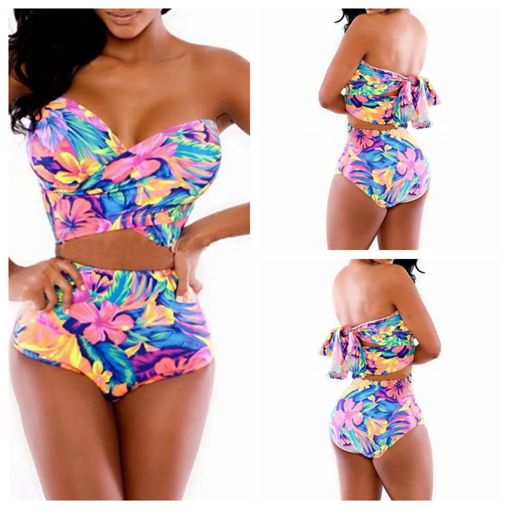 Red printed women's two-piece swimsuit with wrap chest design on white background