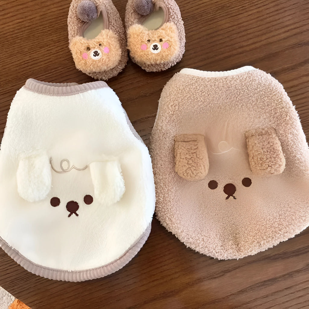 Autumn winter dog vest with ear-hanging embroidered puppy design, polyester, brown or beige, sizes XS-XL
