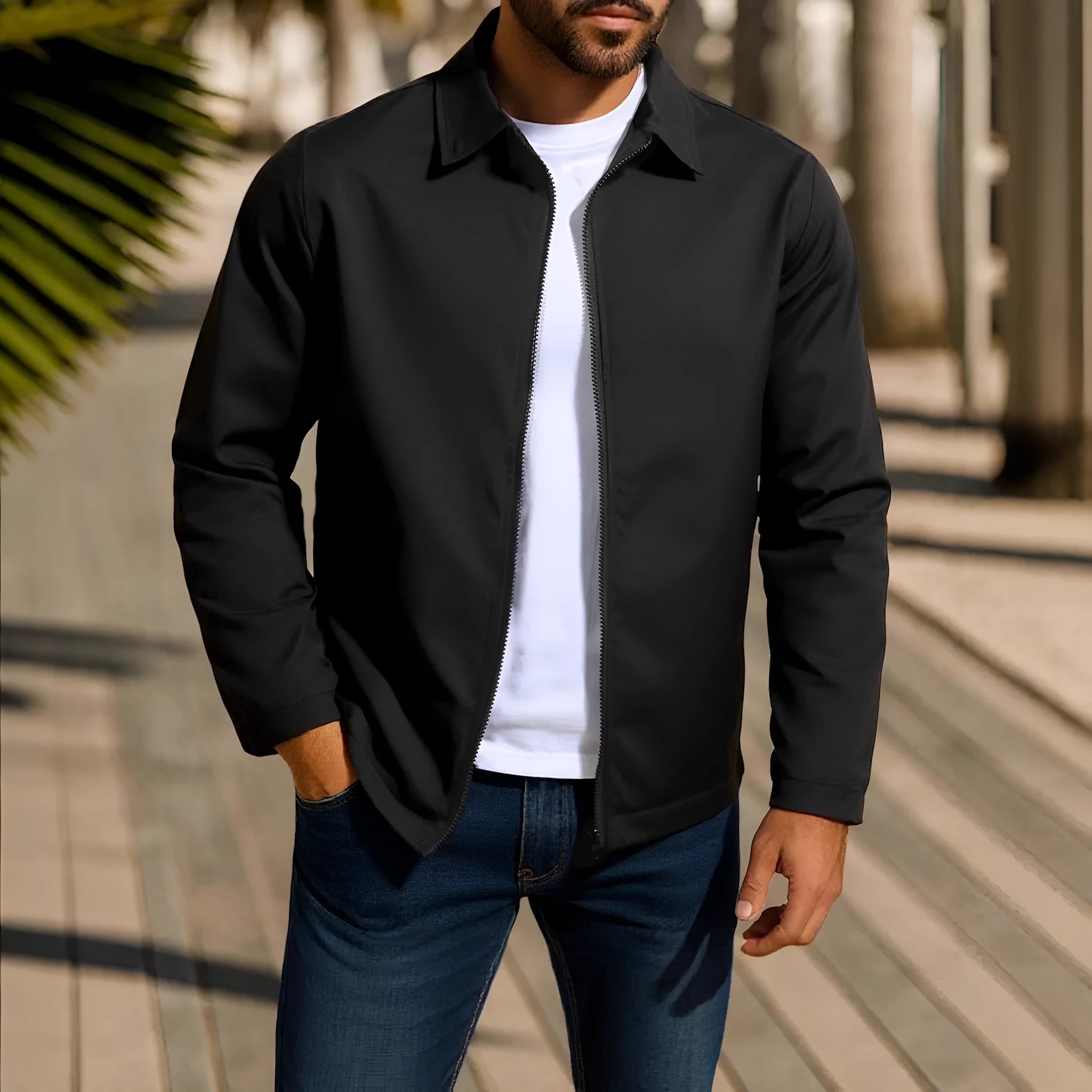 Men's zip-front cardigan jacket with raglan sleeves shown in emerald green, khaki, black, and navy blue colour options.