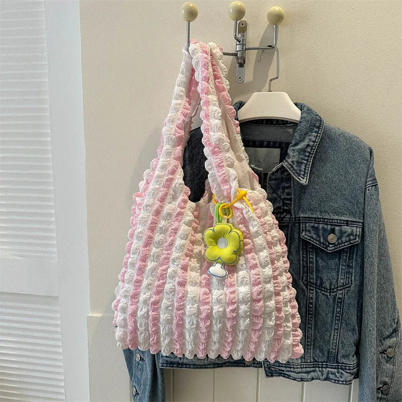 Women's soft polyester pleated bubble crossbody shoulder bag with detachable pendant