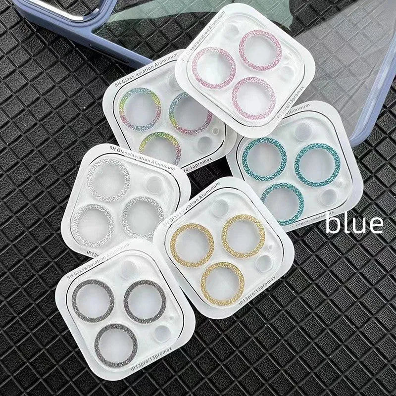 Rhinestone camera lens protector in glitter black for Apple iPhone, tempered glass, HD, dustproof and drop-proof