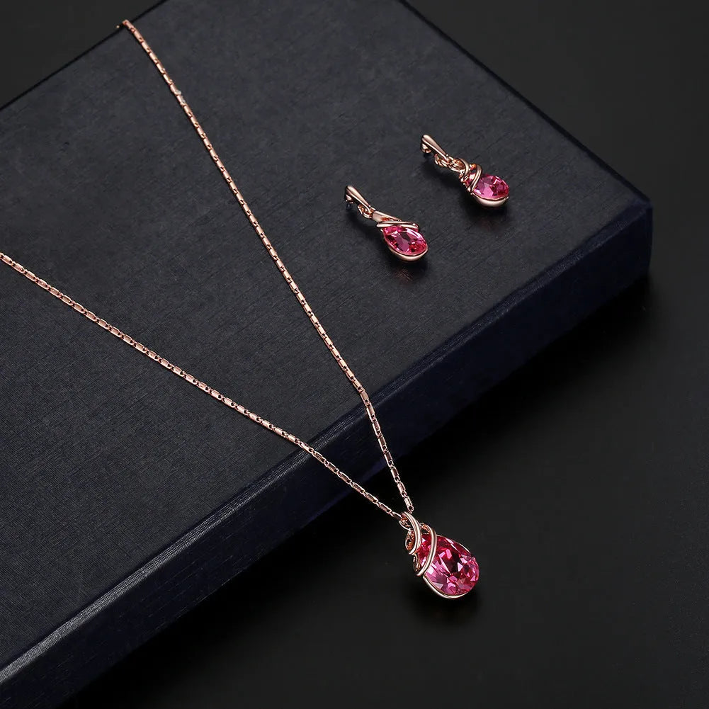 Alloy gemstone jewellery set necklace with snake bone chain and earrings for women, diamond processing finish, adjustable 21-50cm circumference