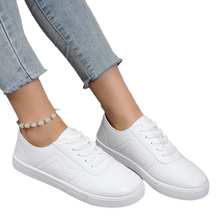 Round toe white lace up casual platform shoes with artificial PU upper and rubber sole