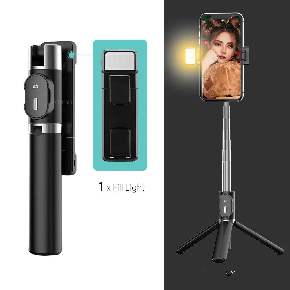 Black Bluetooth selfie stick with tripod legs extended and double fill light, compatible with iPhone